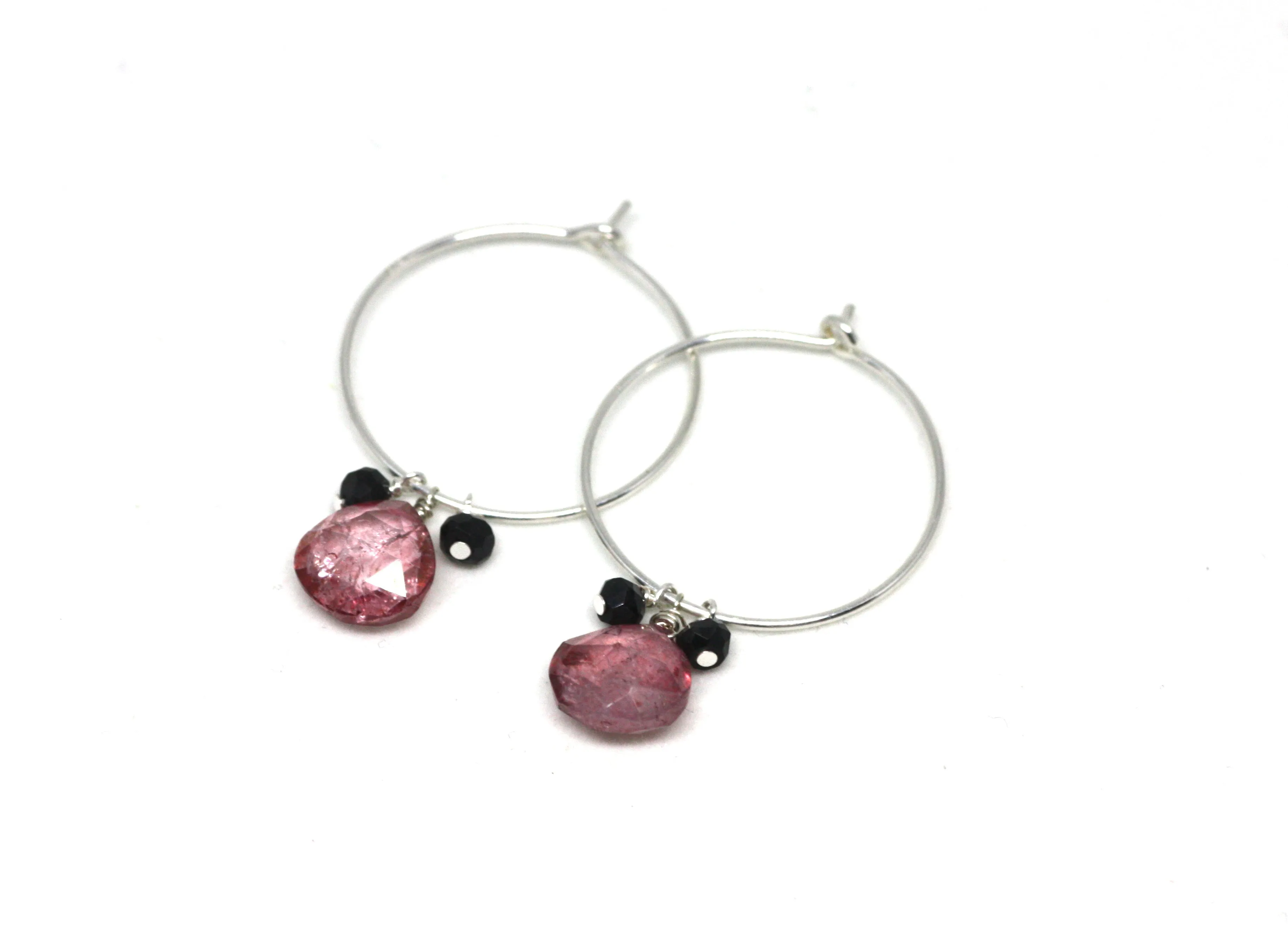 Pink Quartz and Black Spinel Hoop Earrings in Silver
