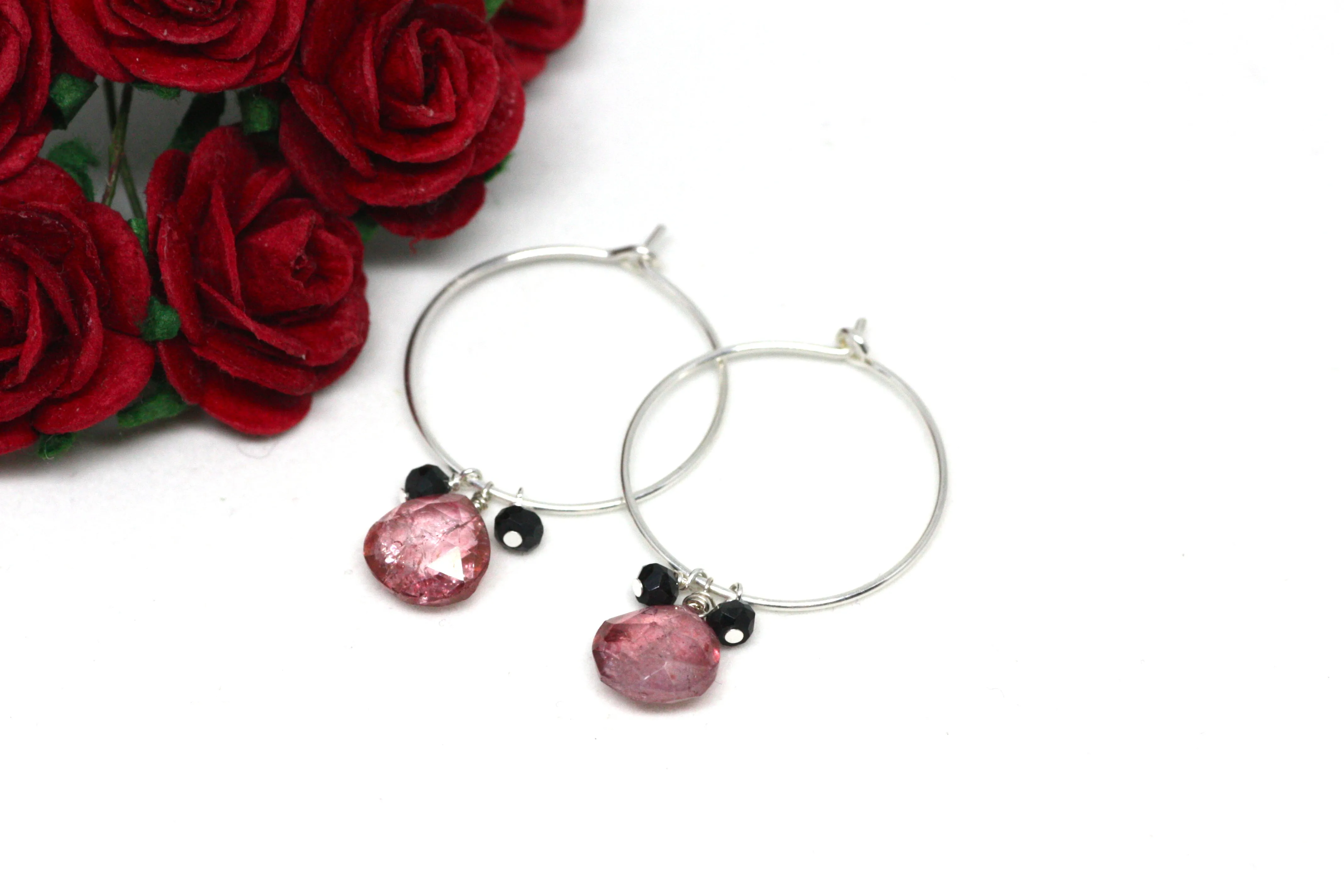 Pink Quartz and Black Spinel Hoop Earrings in Silver