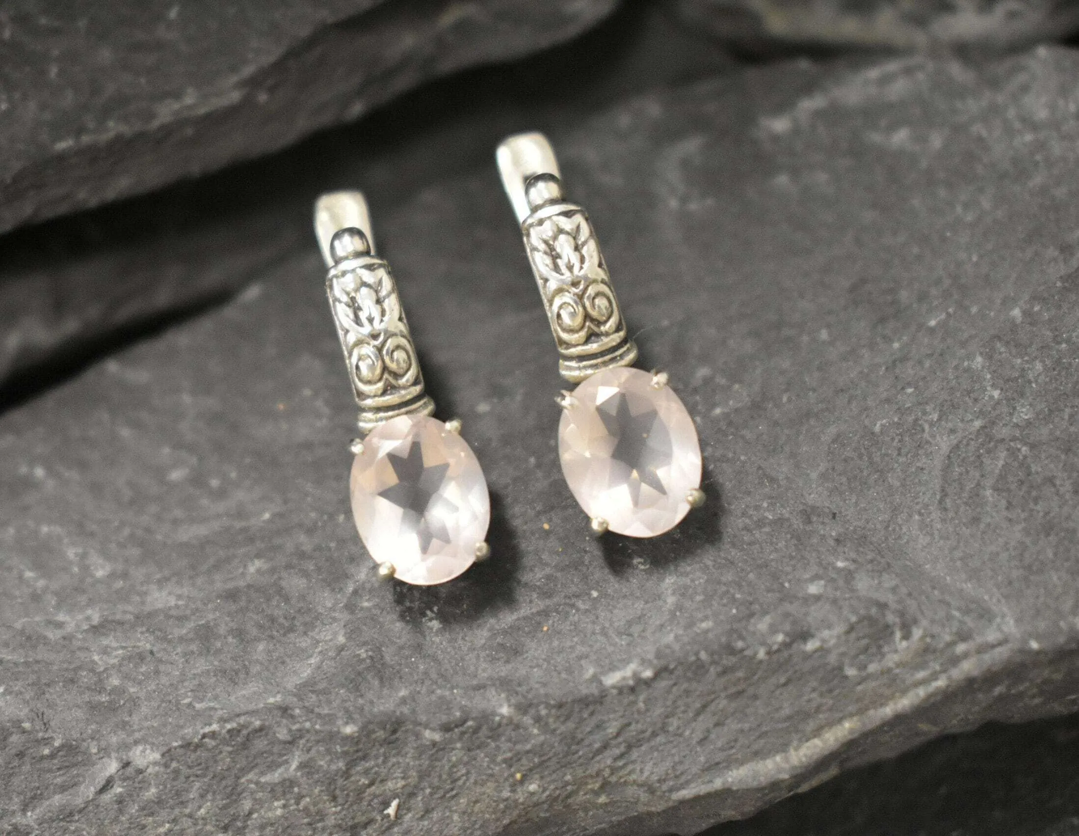 Pink Quartz Earrings - Genuine Rose Quartz - Tribal Drop Earrings