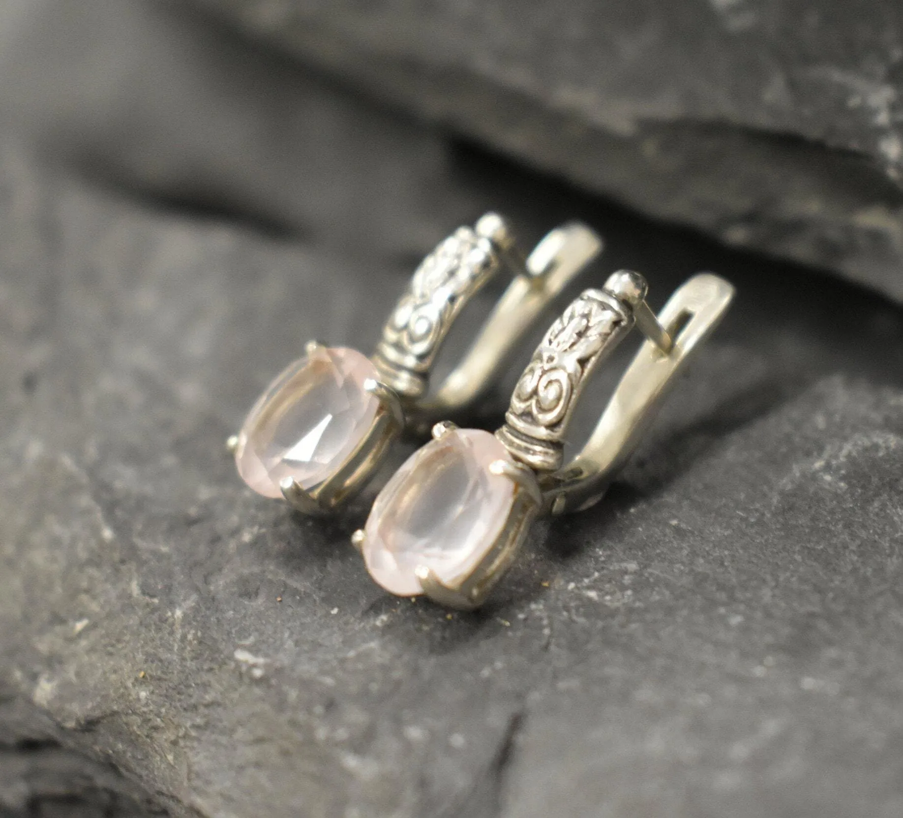 Pink Quartz Earrings - Genuine Rose Quartz - Tribal Drop Earrings
