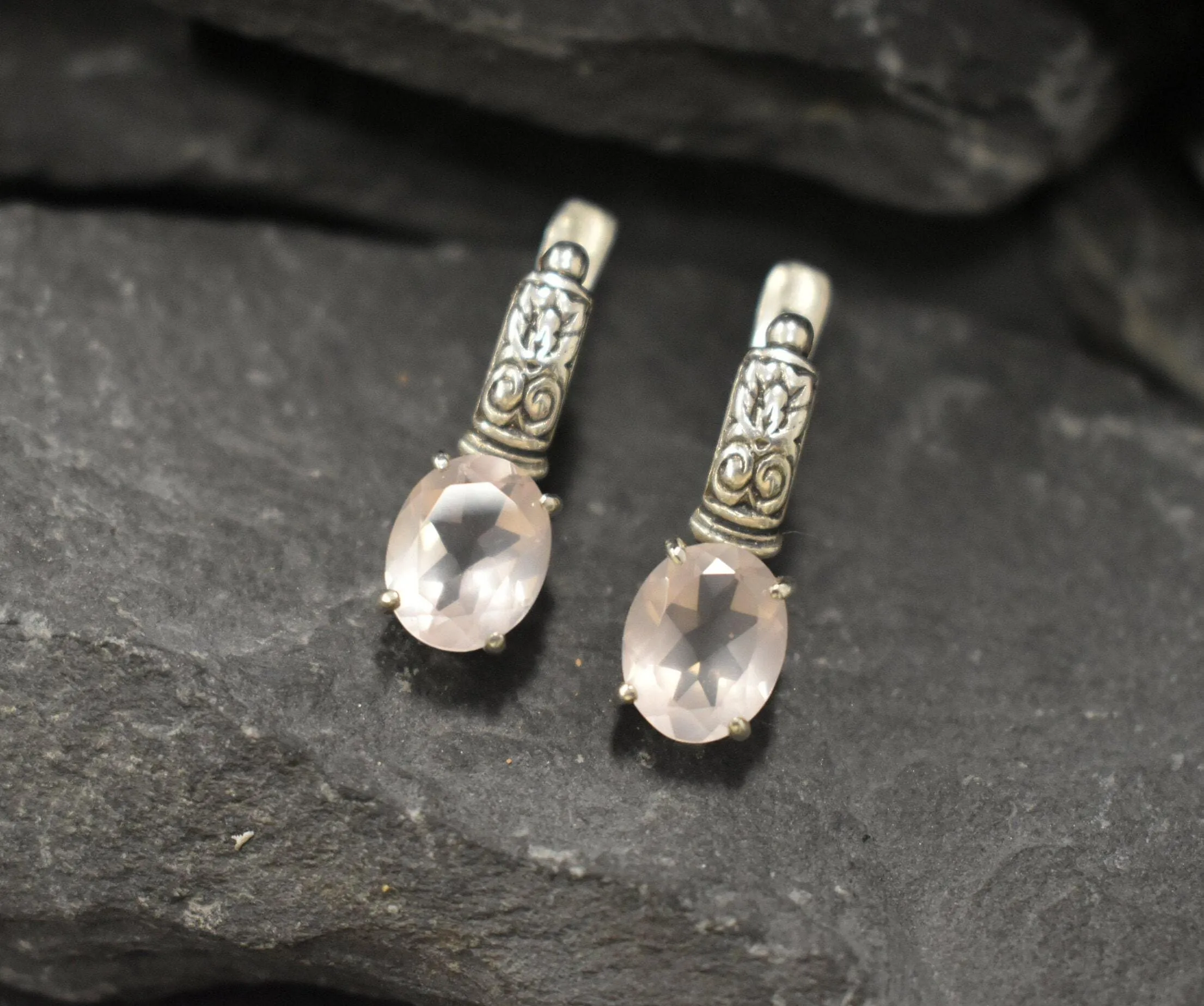 Pink Quartz Earrings - Genuine Rose Quartz - Tribal Drop Earrings