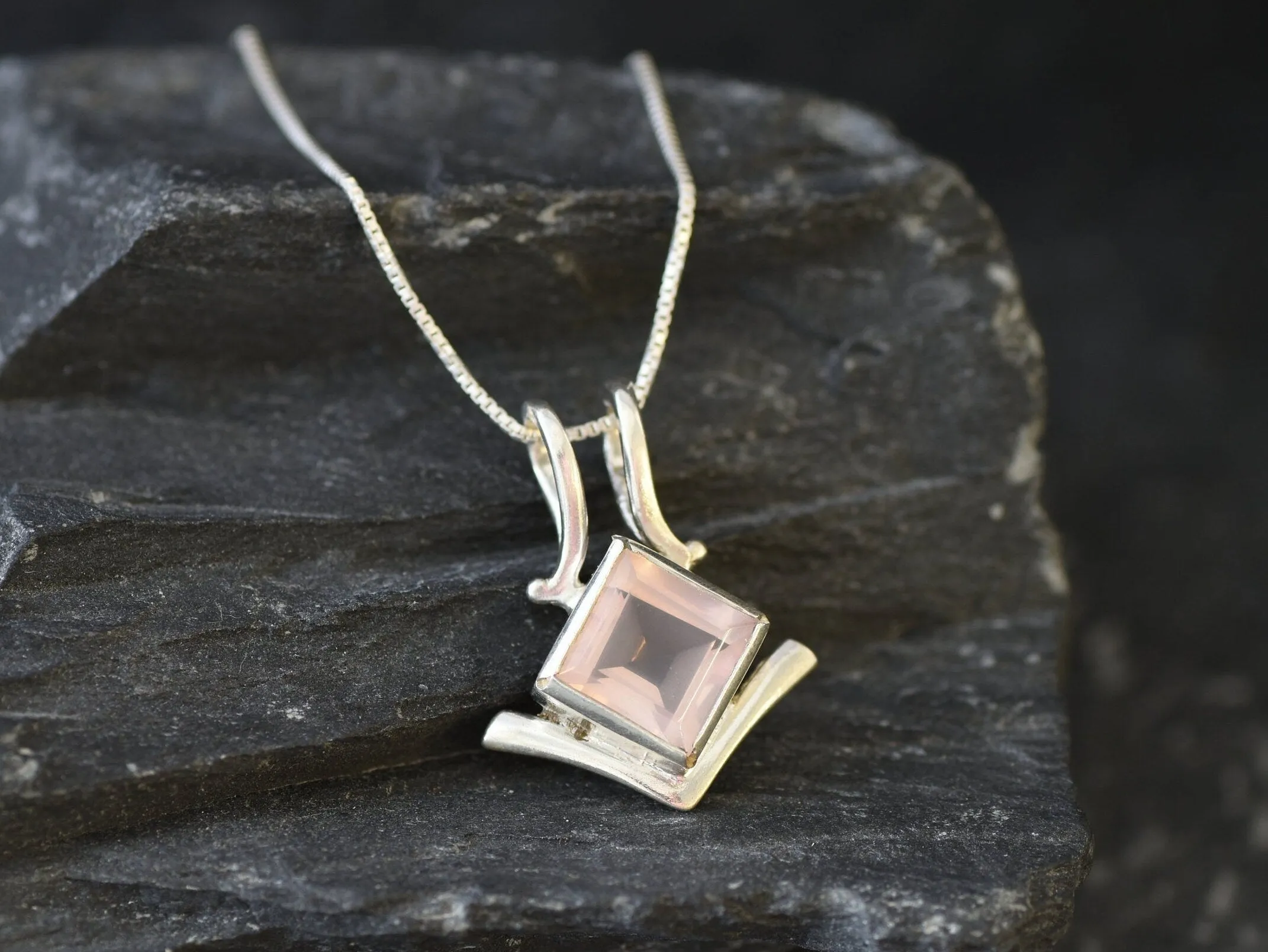 Pink Square Pendant - Natural Rose Quartz Necklace - Classic Vintage Necklace