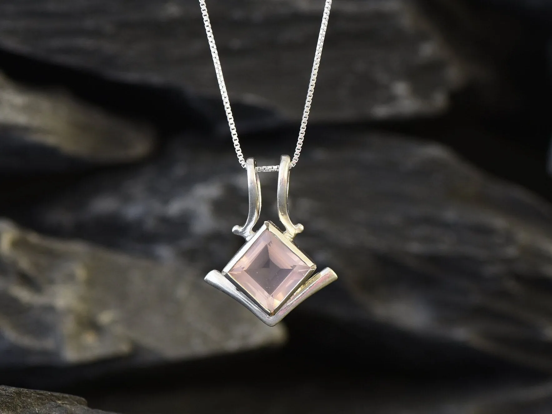 Pink Square Pendant - Natural Rose Quartz Necklace - Classic Vintage Necklace