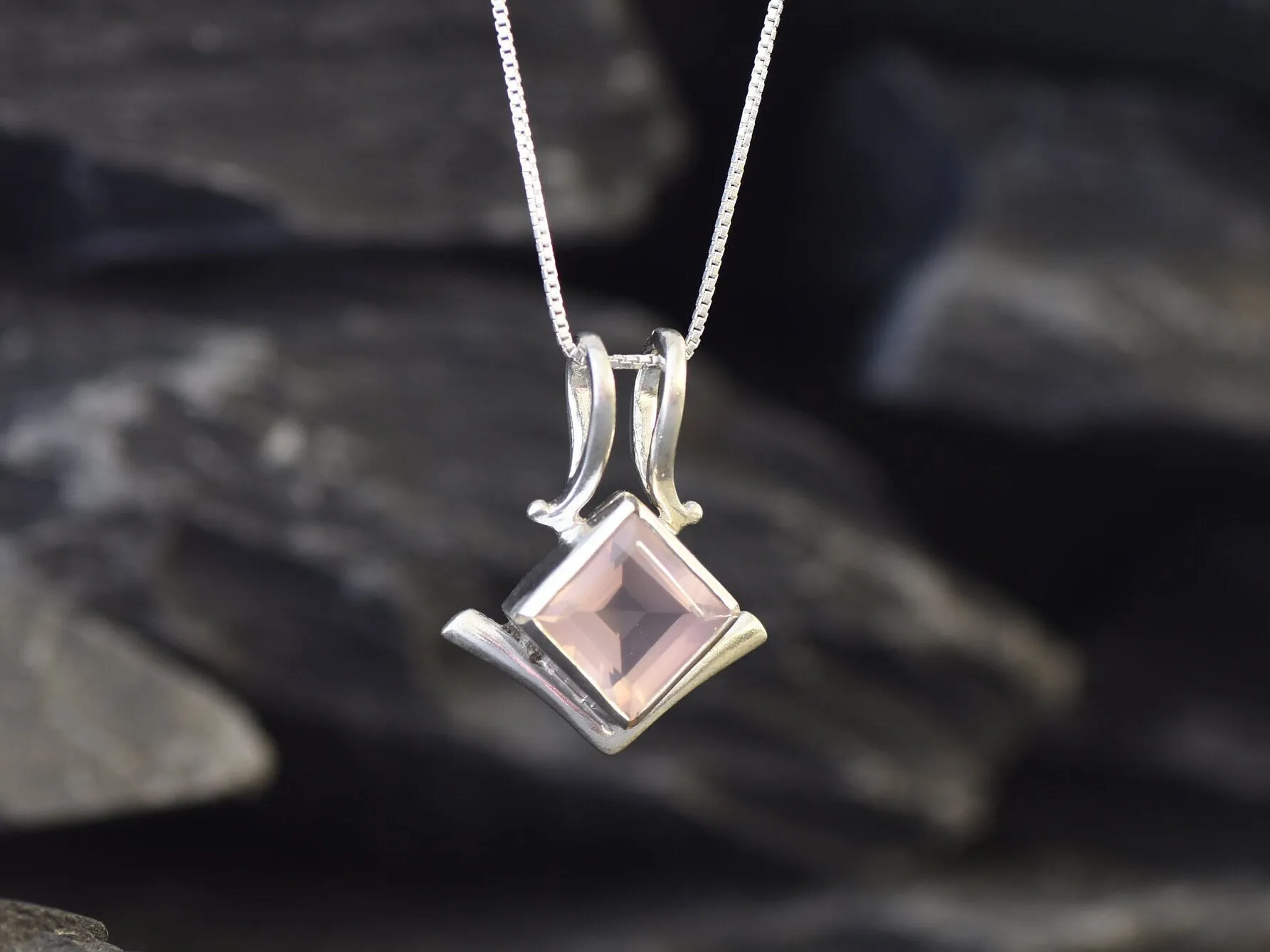 Pink Square Pendant - Natural Rose Quartz Necklace - Classic Vintage Necklace