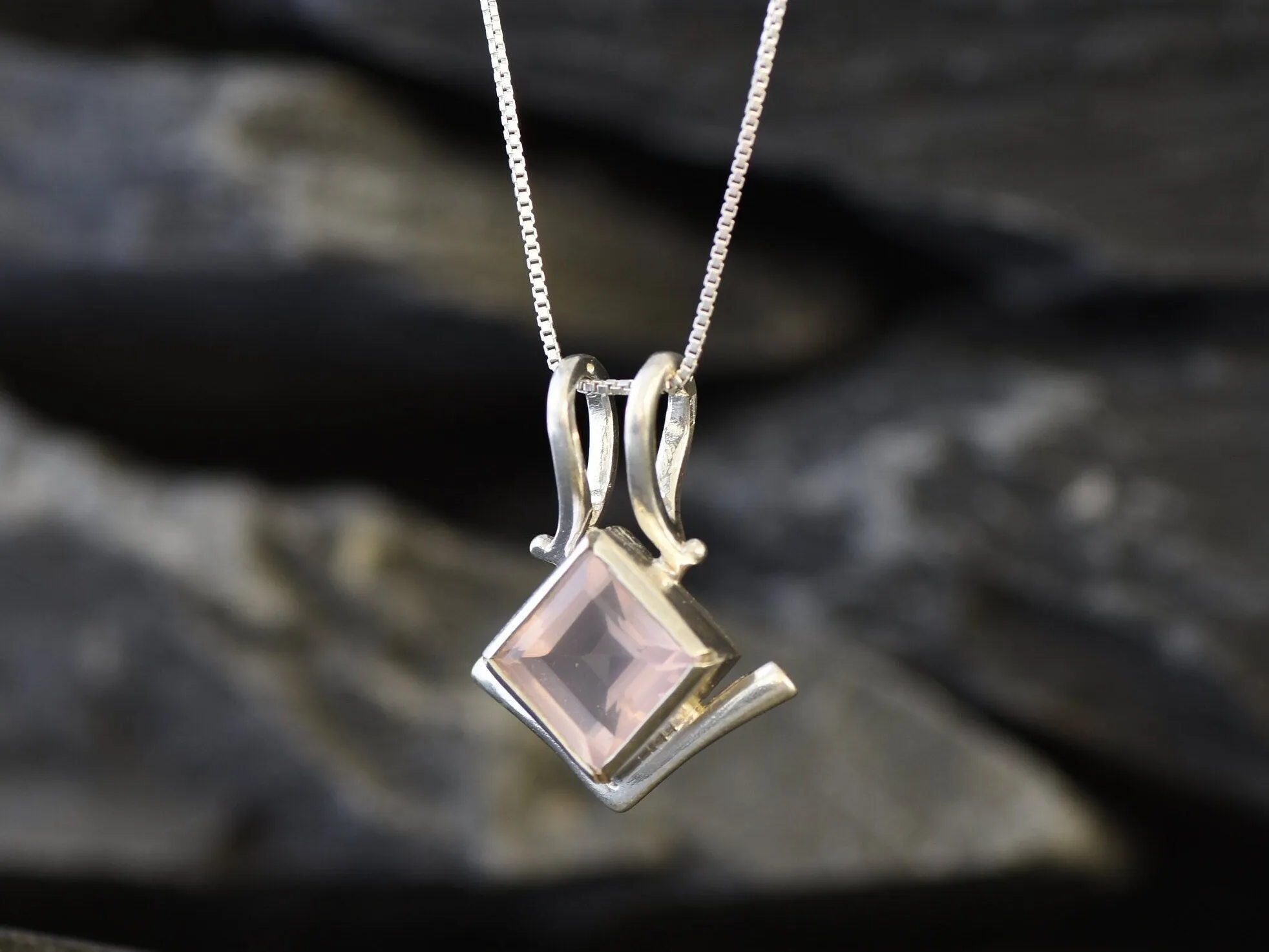 Pink Square Pendant - Natural Rose Quartz Necklace - Classic Vintage Necklace