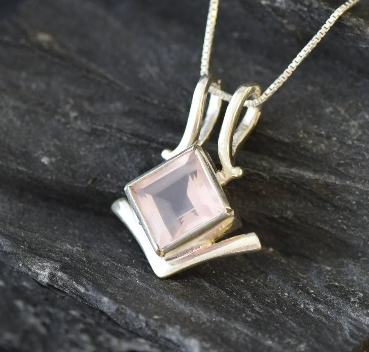 Pink Square Pendant - Natural Rose Quartz Necklace - Classic Vintage Necklace