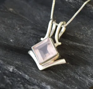 Pink Square Pendant - Natural Rose Quartz Necklace - Classic Vintage Necklace