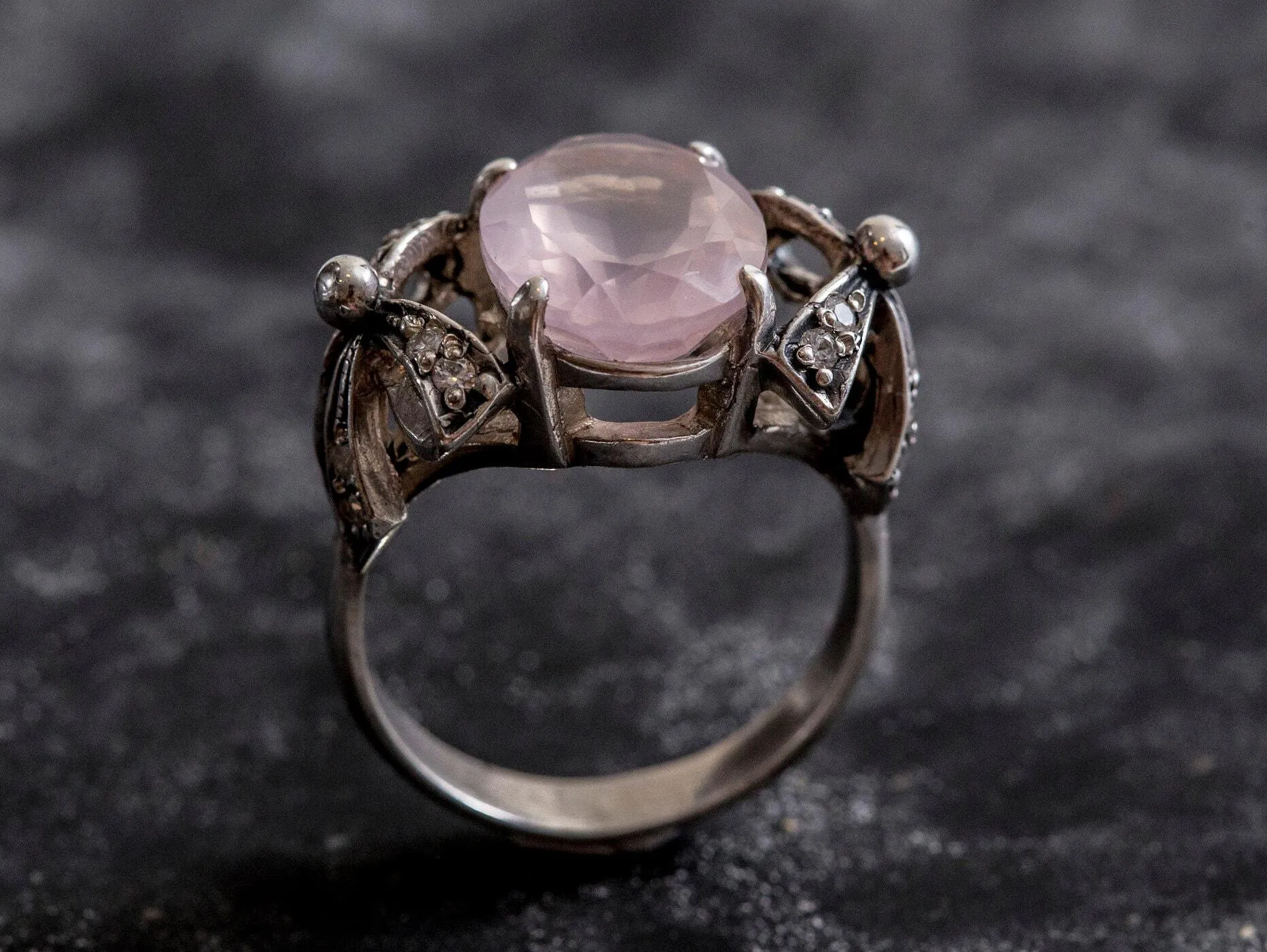 Rose Quartz Ring - Pink Statement Ring - Ribbon Vintage Ring