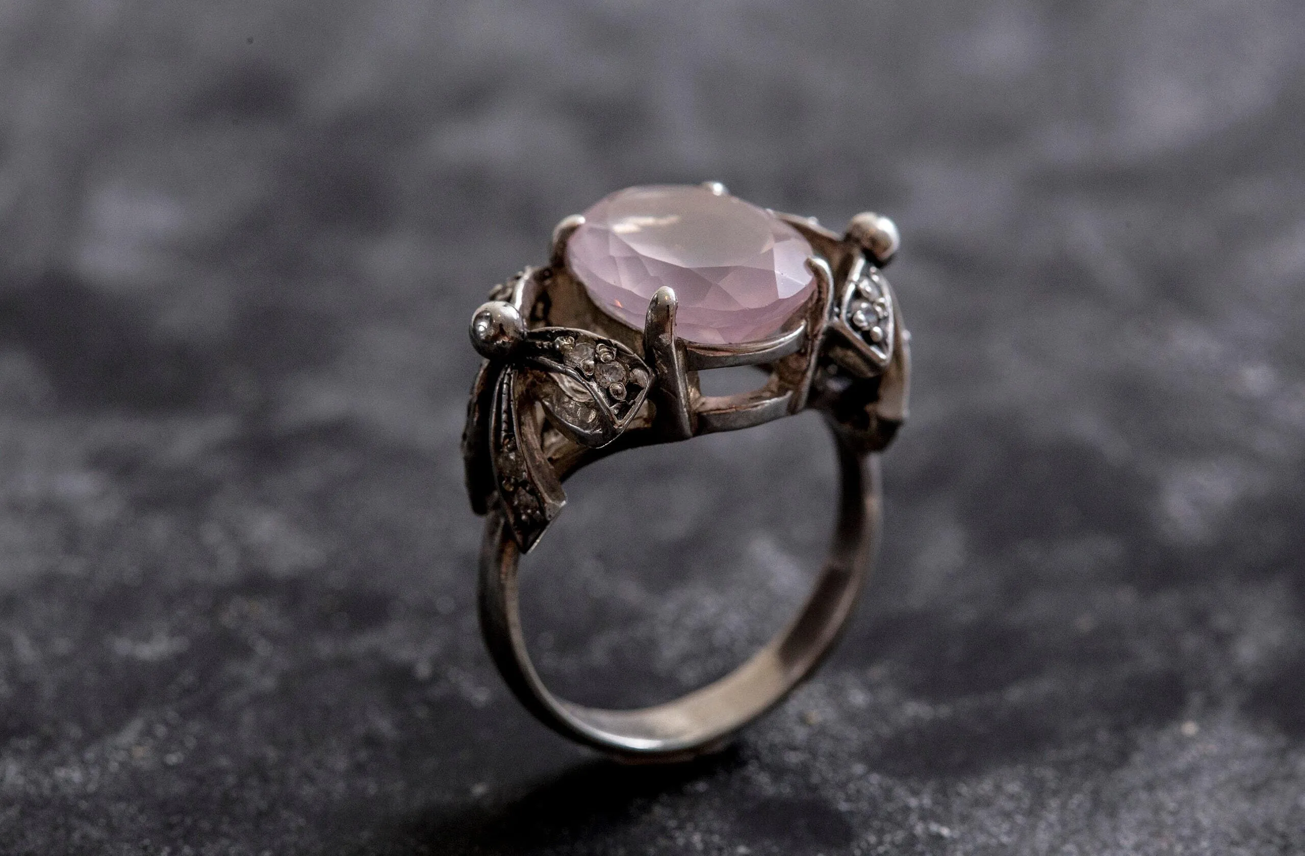 Rose Quartz Ring - Pink Statement Ring - Ribbon Vintage Ring