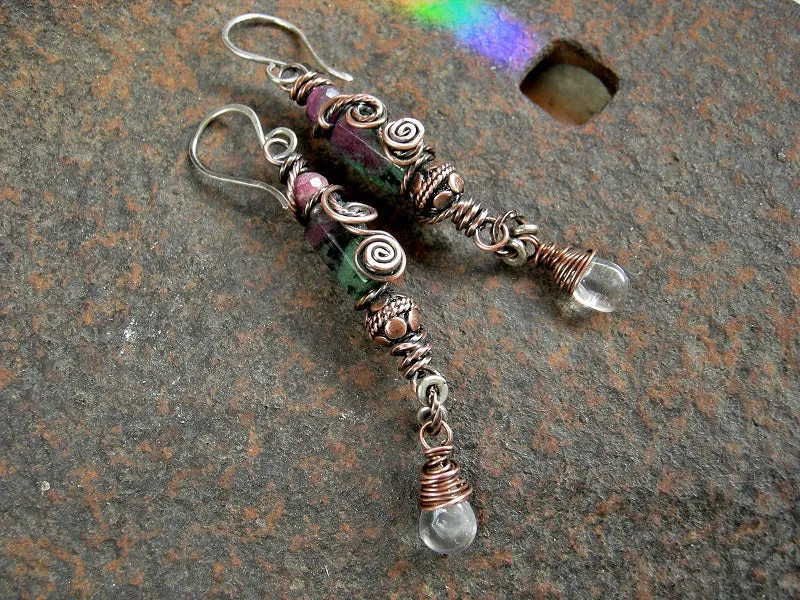 Ruby Rose Earrings, Genuine Ruby, Zoisite, Rose Quartz Drops, Copper