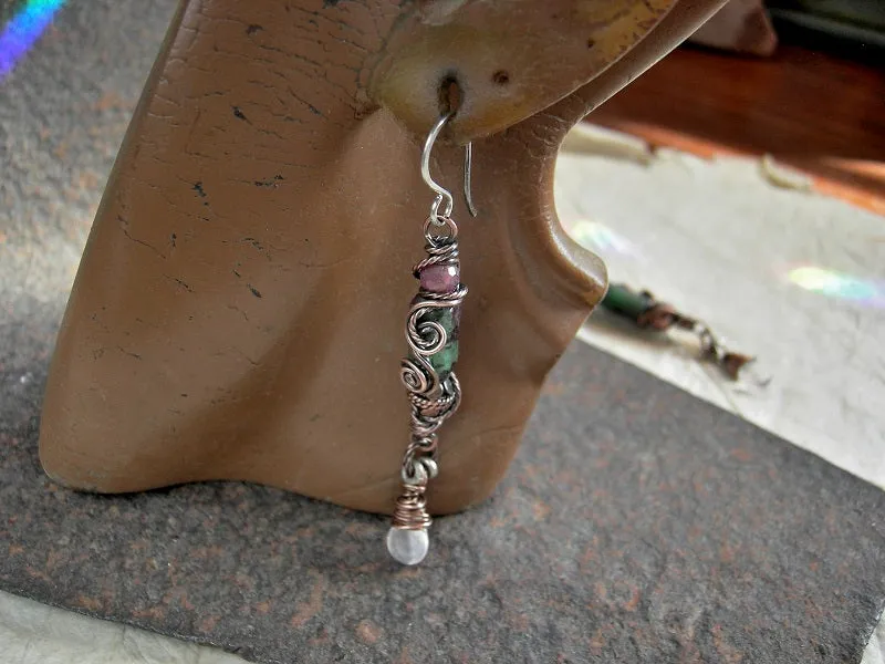 Ruby Rose Earrings, Genuine Ruby, Zoisite, Rose Quartz Drops, Copper