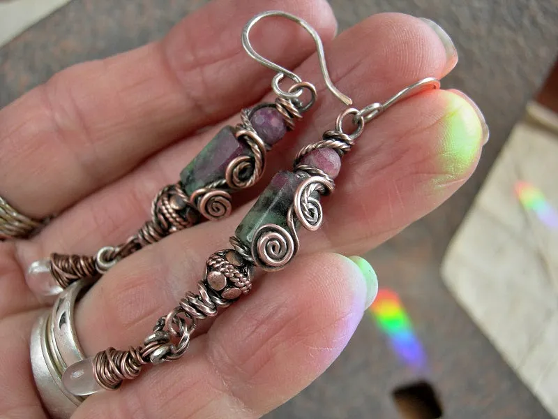 Ruby Rose Earrings, Genuine Ruby, Zoisite, Rose Quartz Drops, Copper