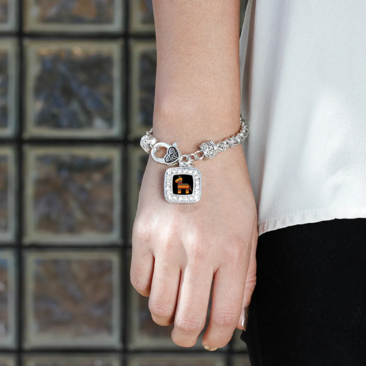 Silver Cute Piñata Square Charm Braided Bracelet