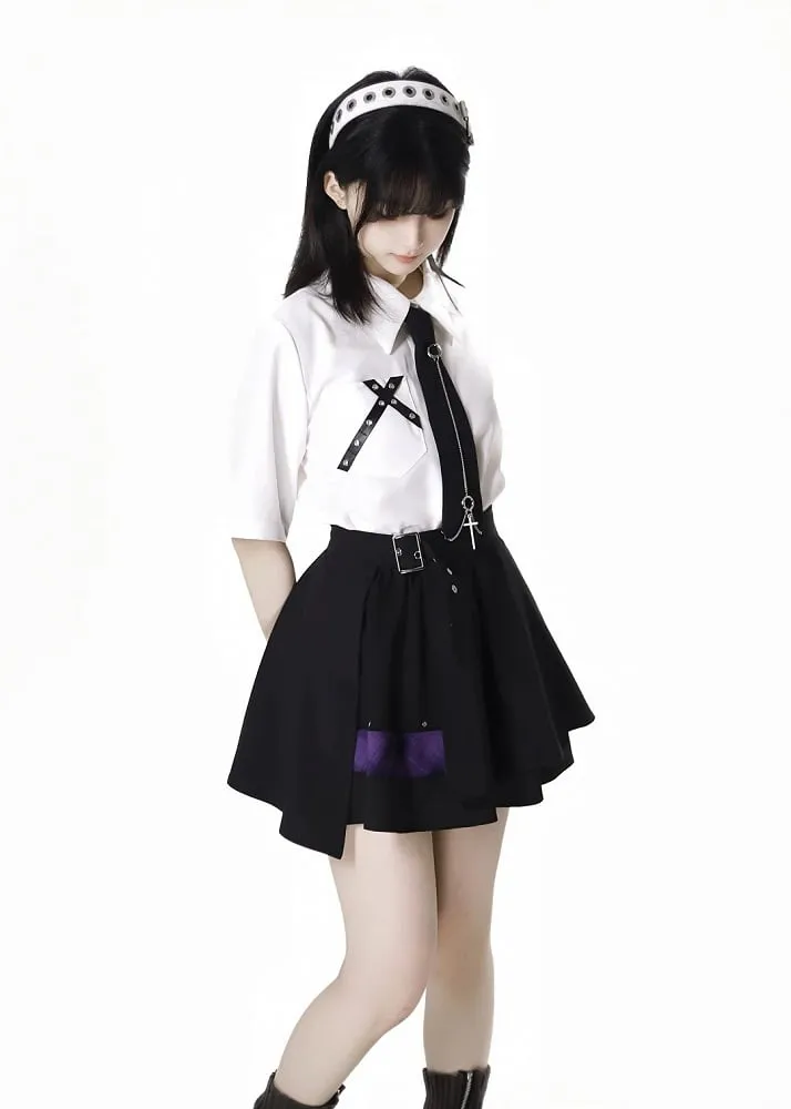 Skort Purple Buckle Strap Design Black  Plaid Patchwork