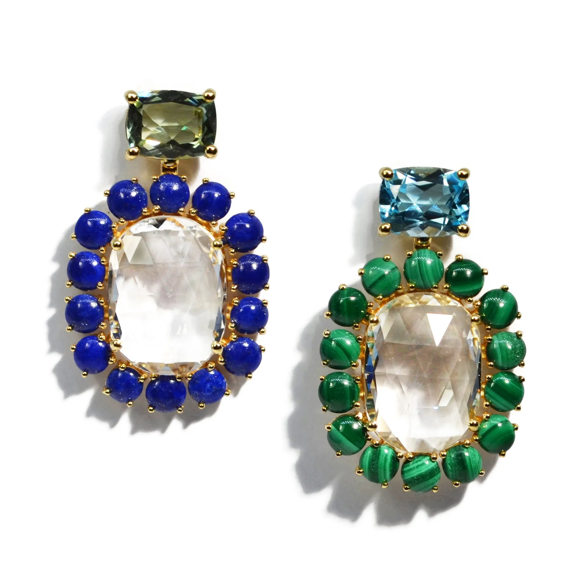 Sole - Mismatched Drop Earrings with Rock Crystal, Blue Topaz, Prasiolite, Lapis and Malachite, 18k Yellow Gold