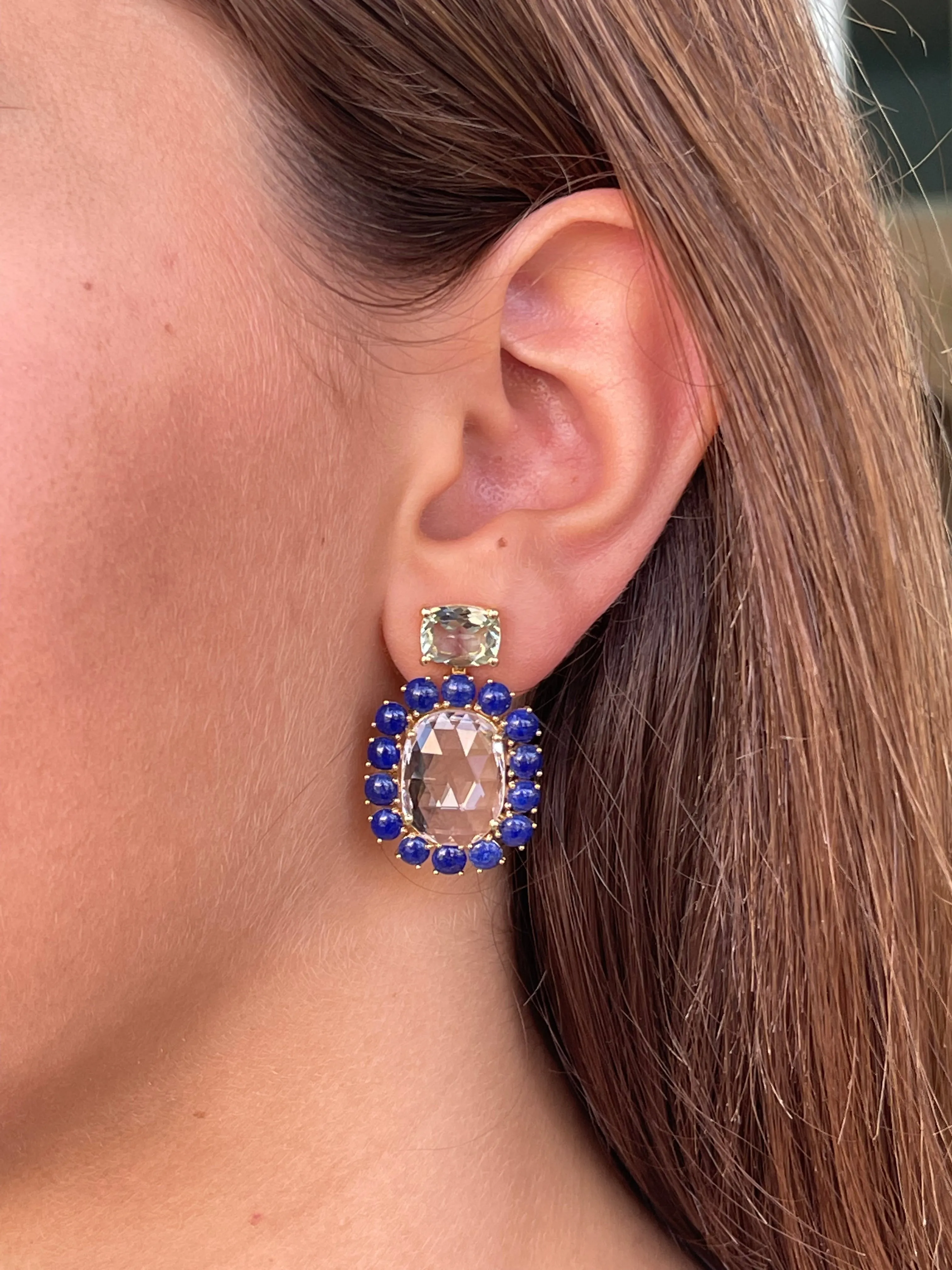 Sole - Mismatched Drop Earrings with Rock Crystal, Blue Topaz, Prasiolite, Lapis and Malachite, 18k Yellow Gold