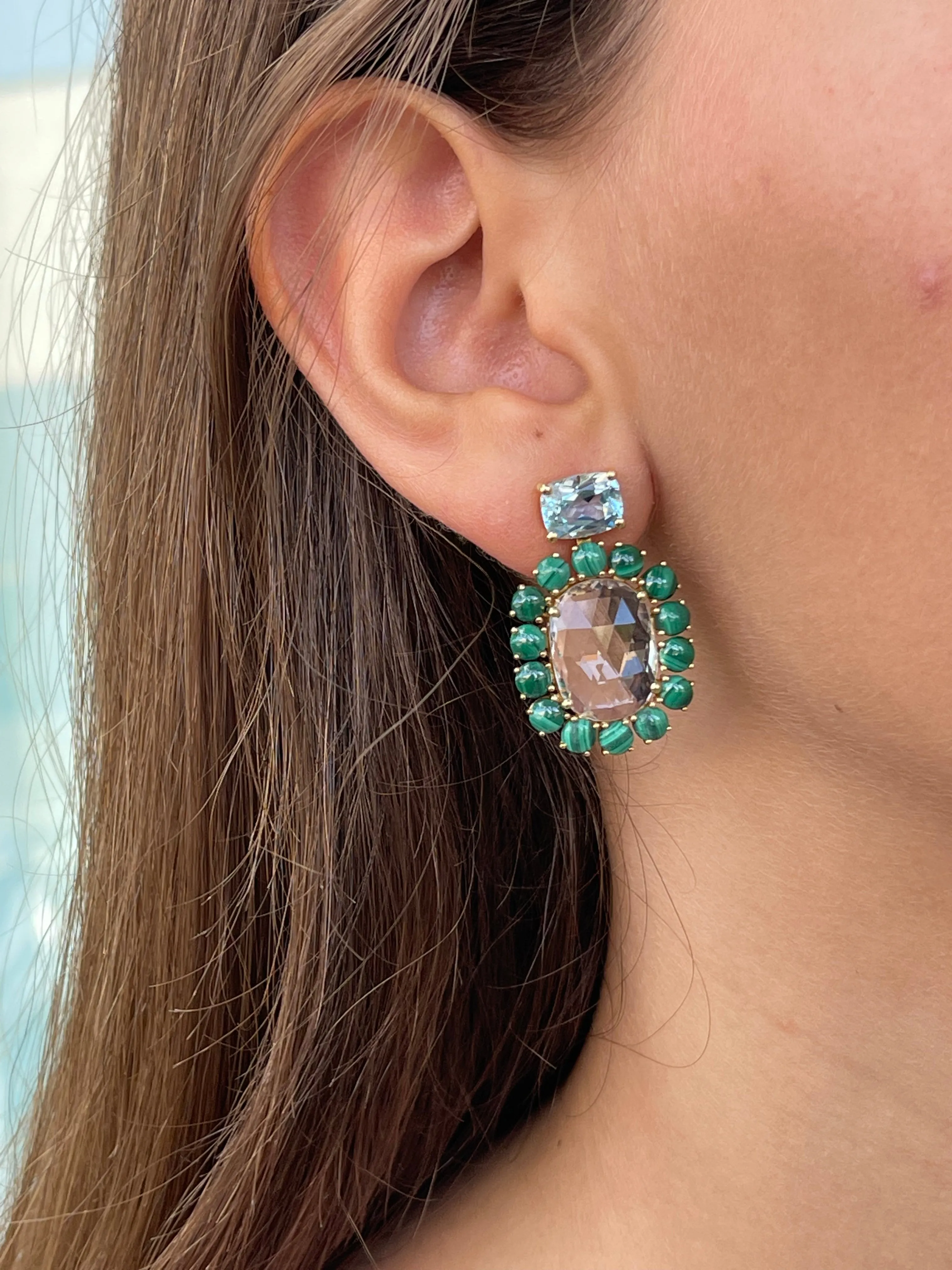 Sole - Mismatched Drop Earrings with Rock Crystal, Blue Topaz, Prasiolite, Lapis and Malachite, 18k Yellow Gold
