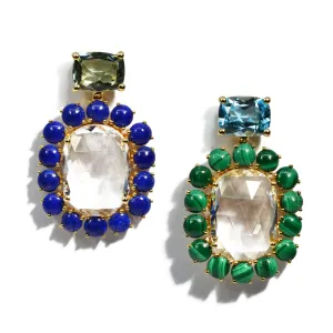 Sole - Mismatched Drop Earrings with Rock Crystal, Blue Topaz, Prasiolite, Lapis and Malachite, 18k Yellow Gold
