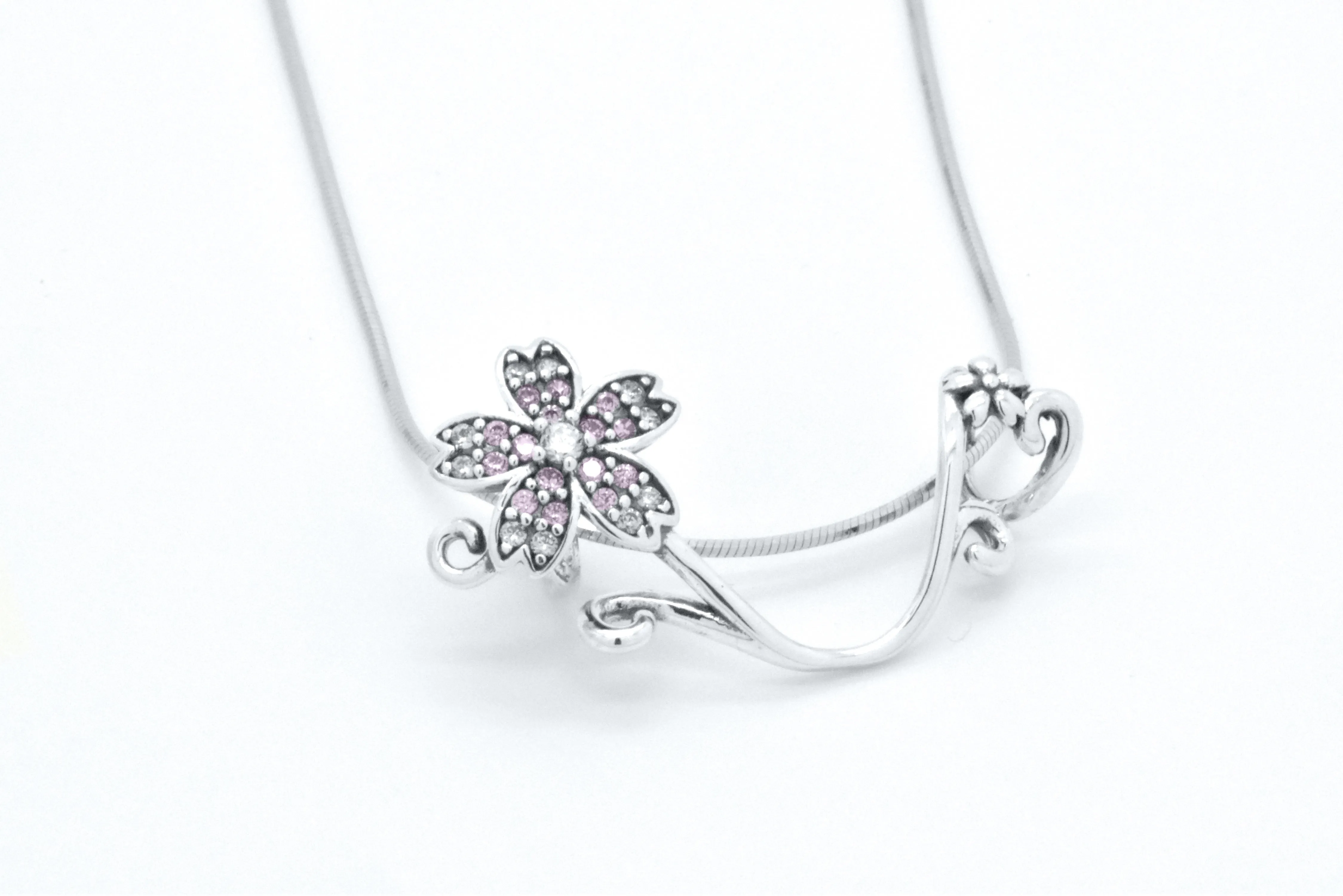 Sterling Silver Floral Branch Pink Flower Slider Pendant 18-in Necklace