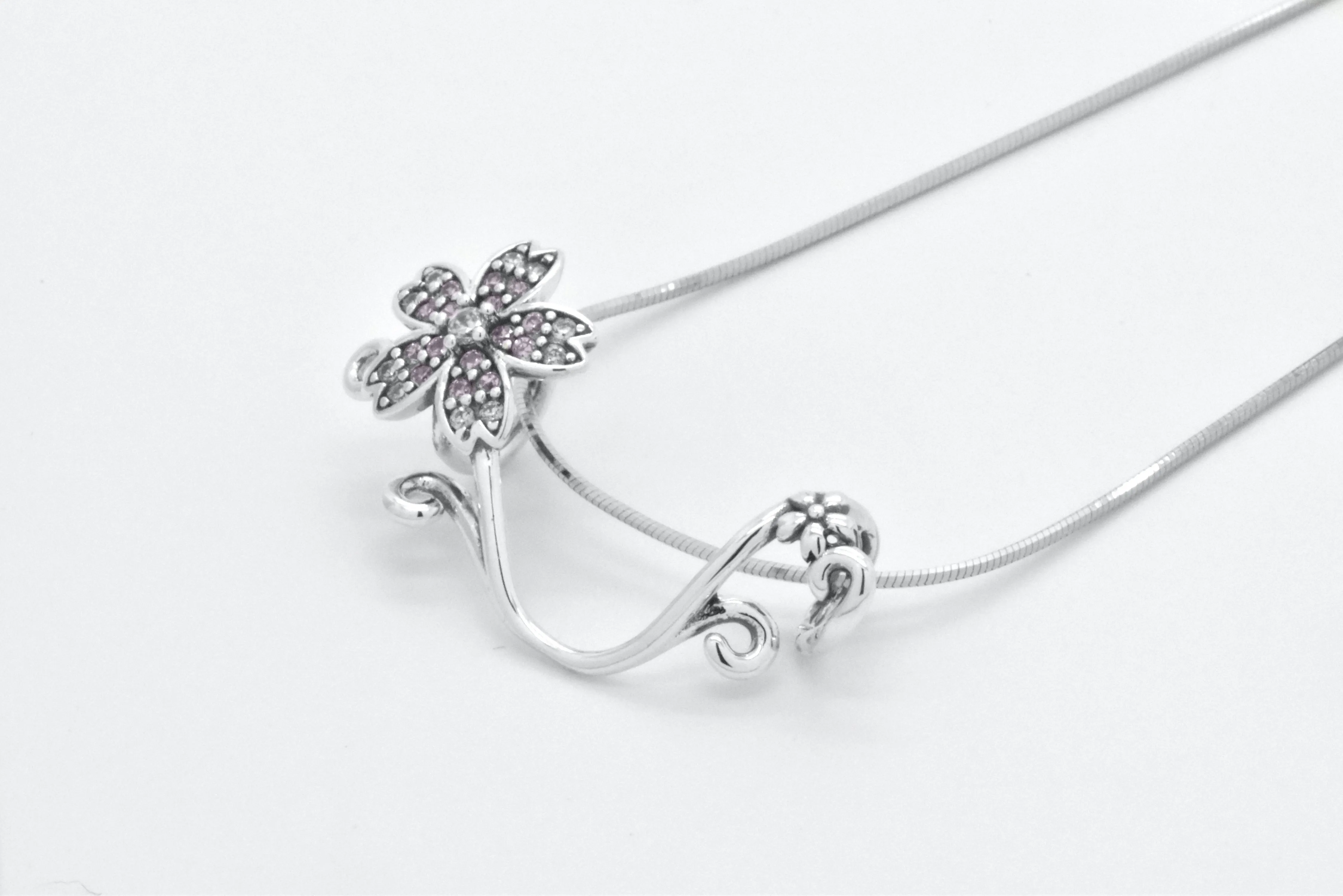Sterling Silver Floral Branch Pink Flower Slider Pendant 18-in Necklace