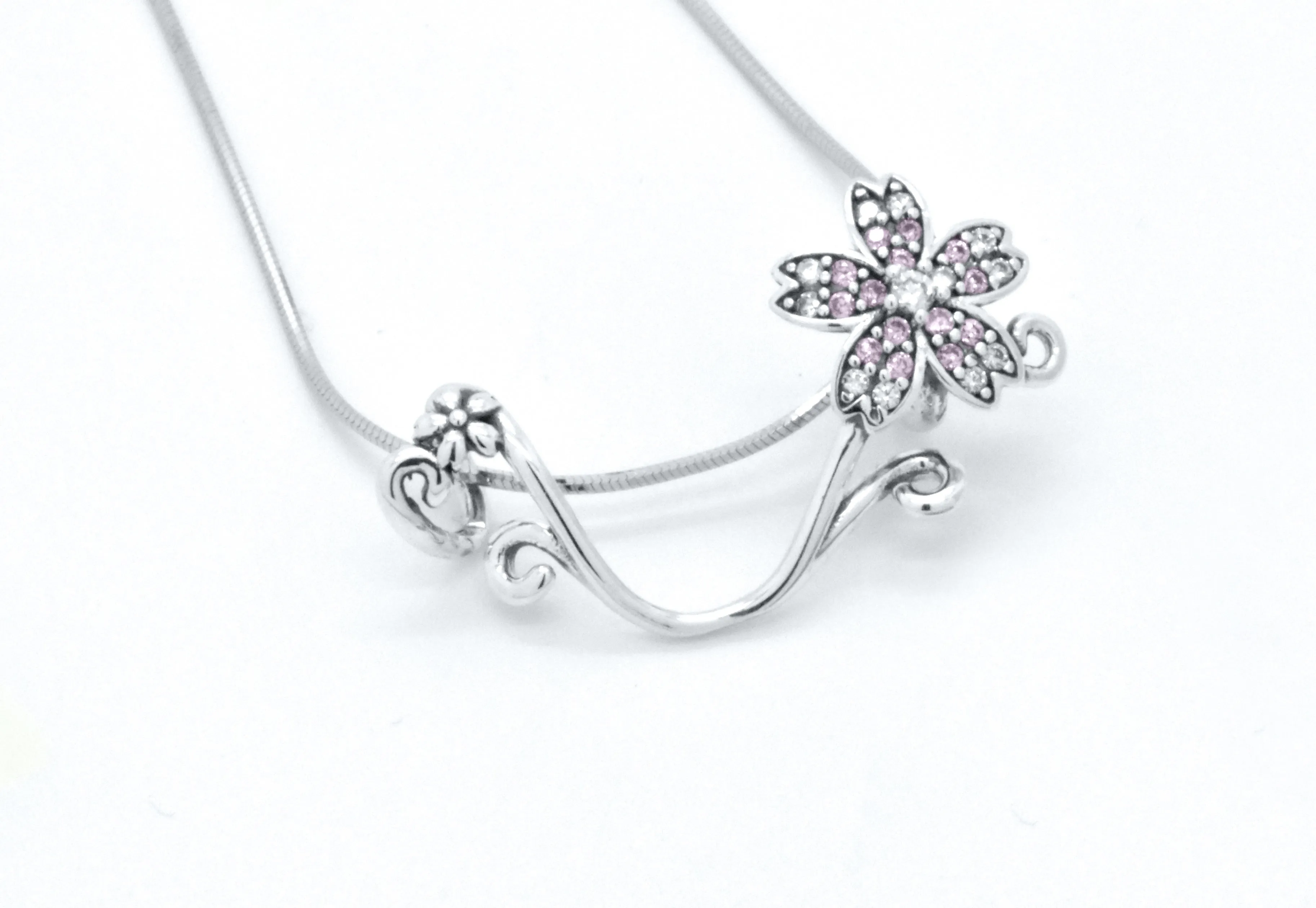 Sterling Silver Floral Branch Pink Flower Slider Pendant 18-in Necklace
