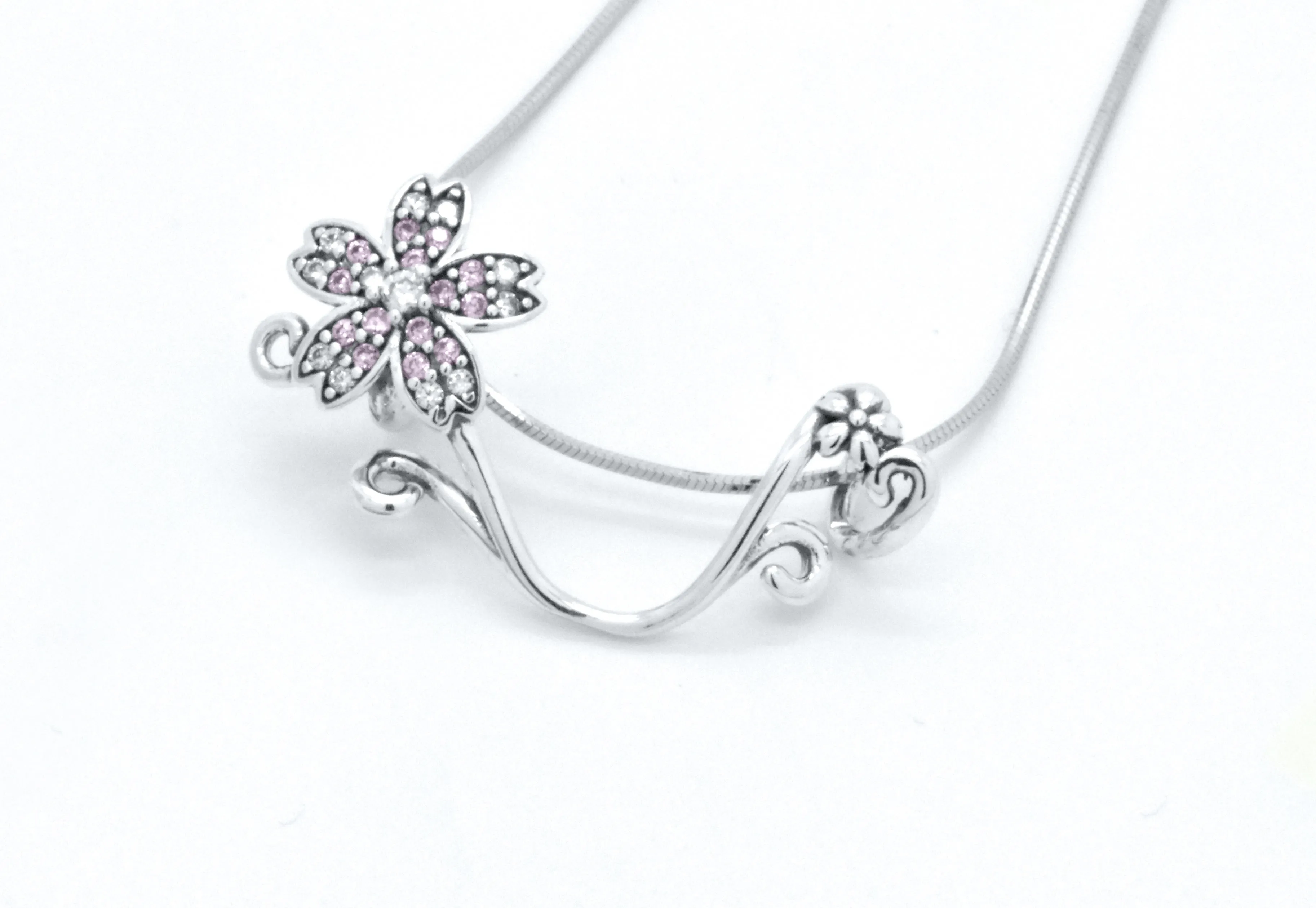 Sterling Silver Floral Branch Pink Flower Slider Pendant 18-in Necklace
