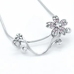 Sterling Silver Floral Branch Pink Flower Slider Pendant 18-in Necklace