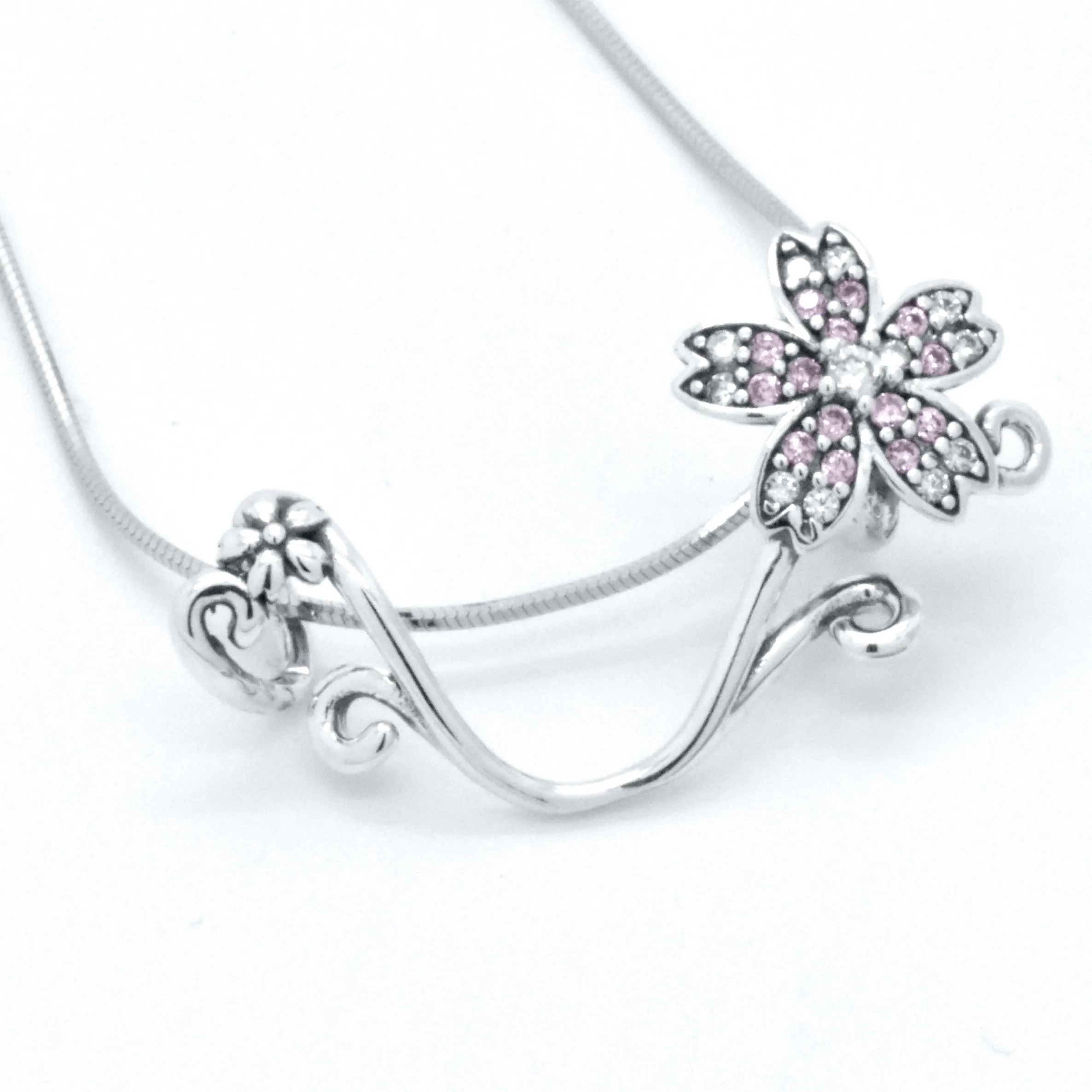 Sterling Silver Floral Branch Pink Flower Slider Pendant 18-in Necklace