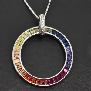 Sterling Silver Rainbow Created Sapphire Eternity Circle Pendant Necklace