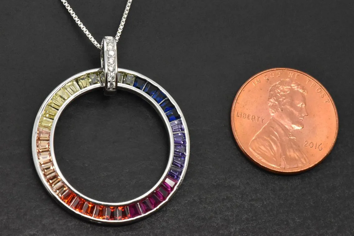 Sterling Silver Rainbow Created Sapphire Eternity Circle Pendant Necklace