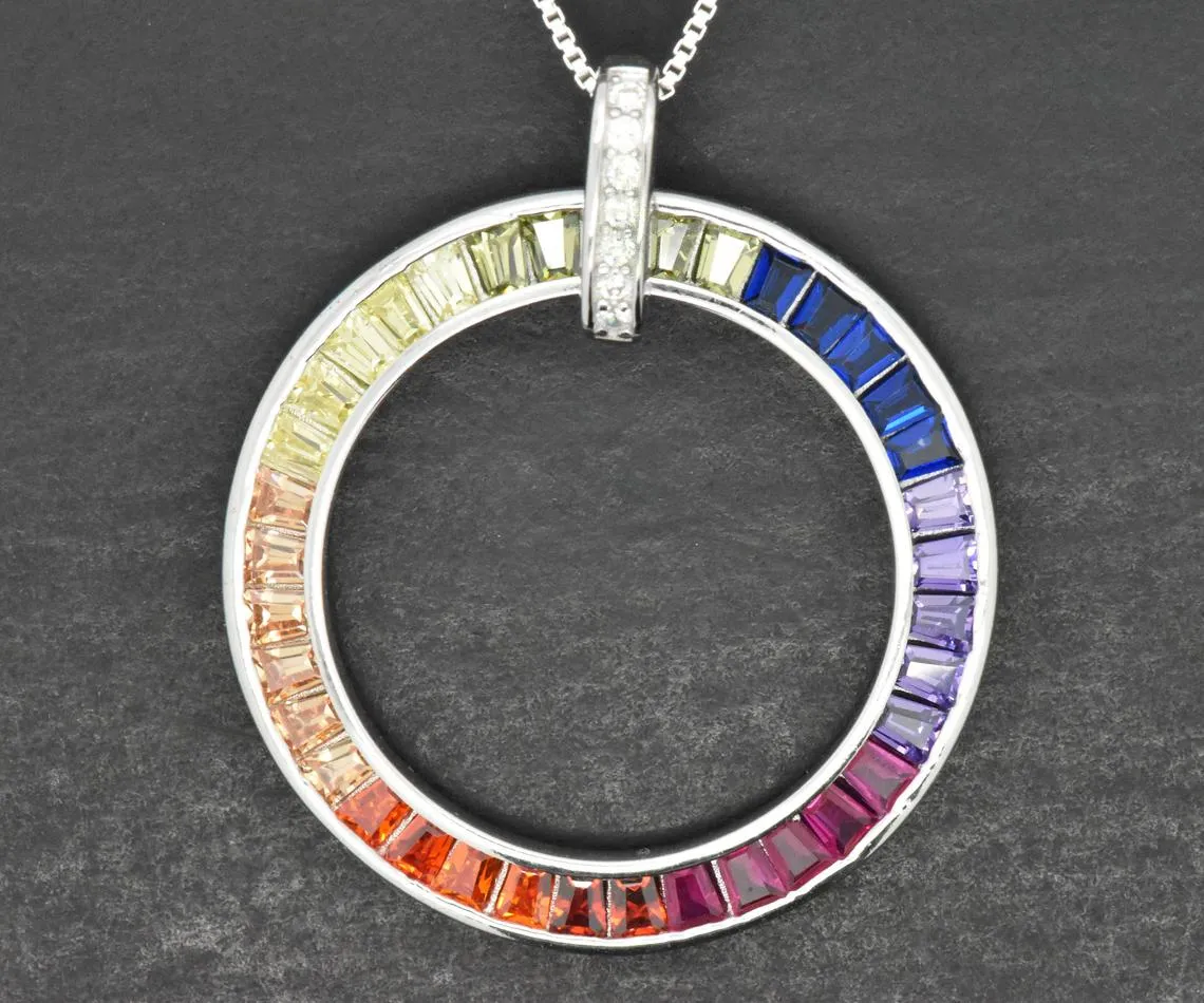 Sterling Silver Rainbow Created Sapphire Eternity Circle Pendant Necklace