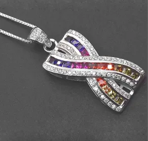 Sterling Silver Rainbow Created Sapphire X Design Pendant Necklace