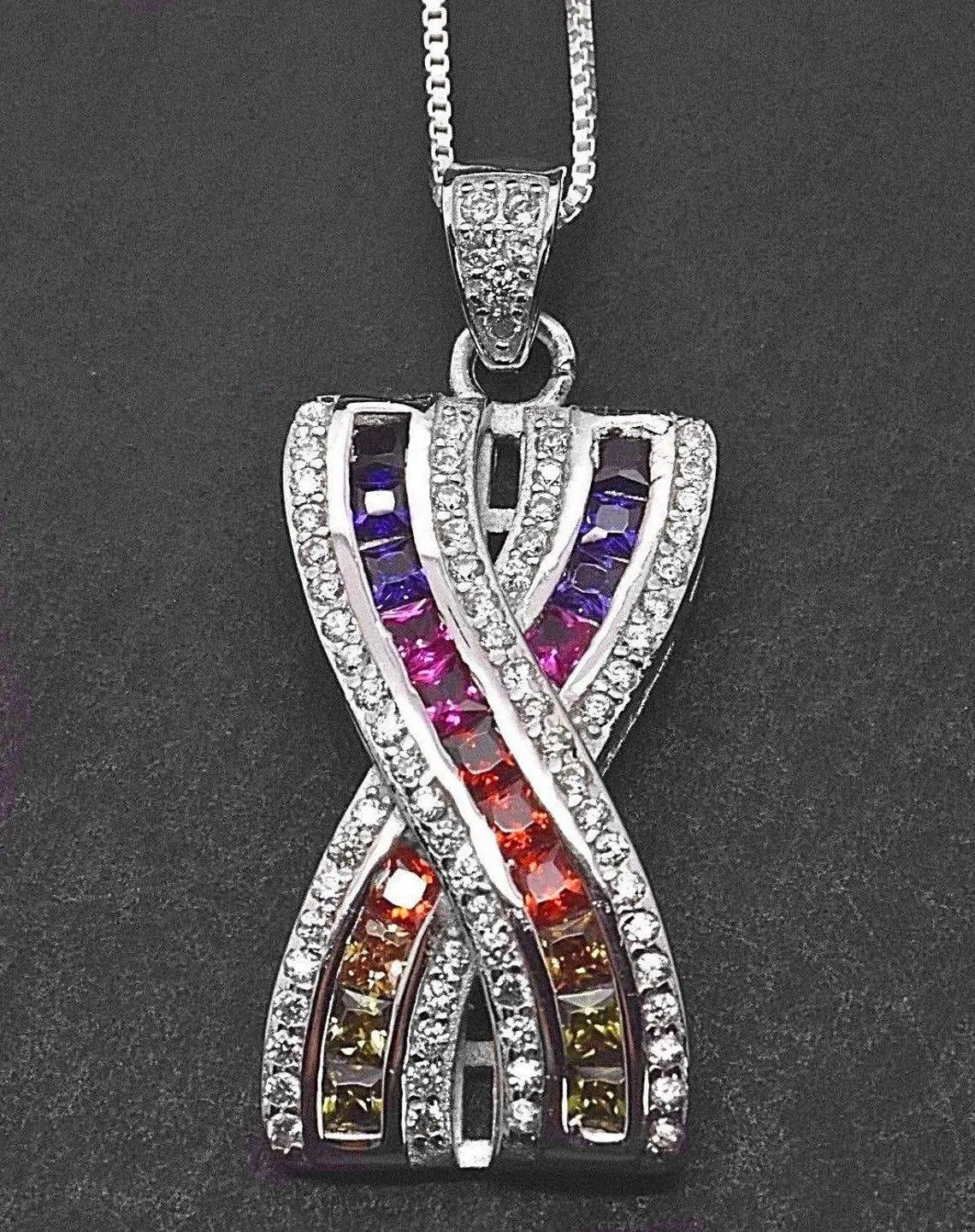 Sterling Silver Rainbow Created Sapphire X Design Pendant Necklace