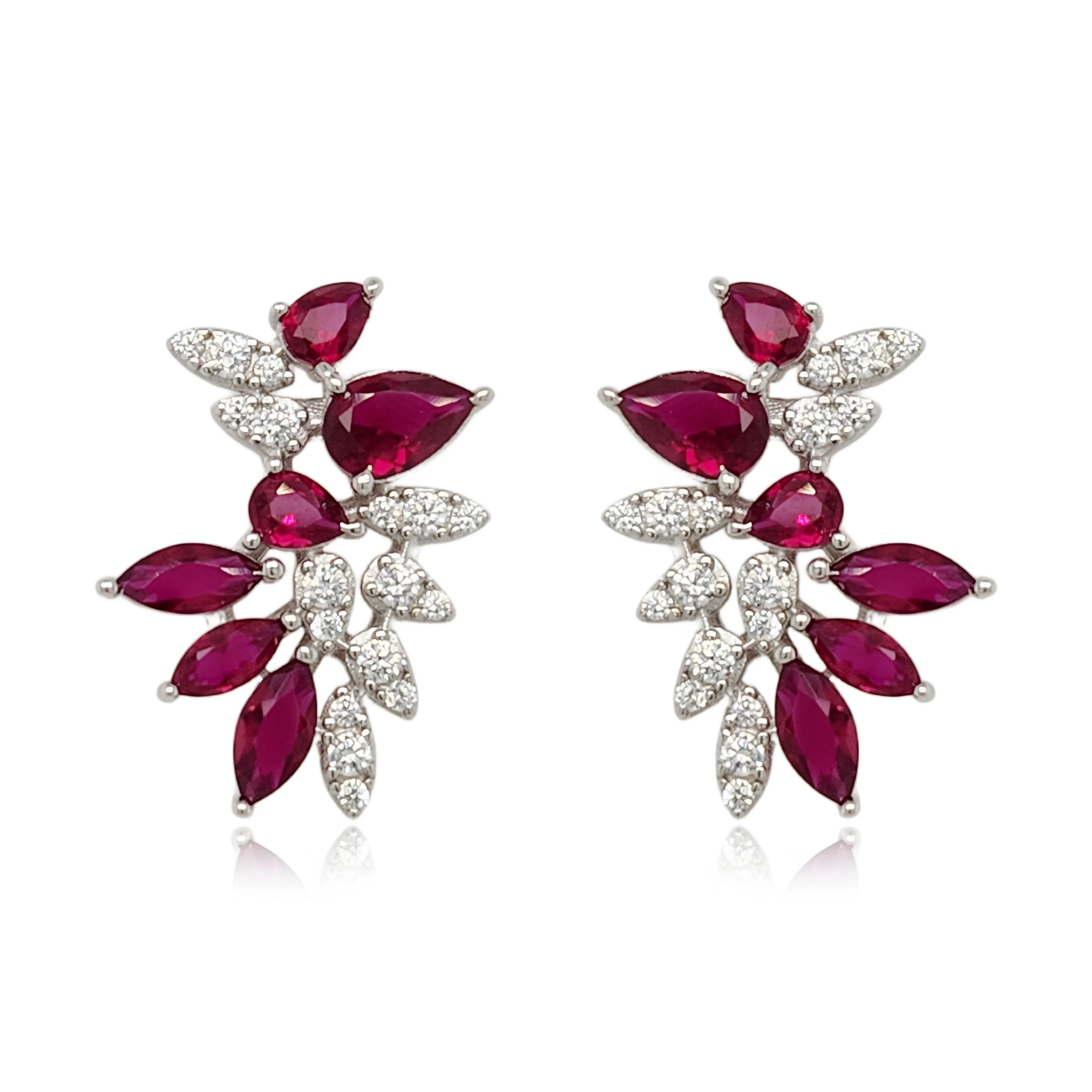 Sterling Silver Ruby and Clear CZ Cluster Stud Earring