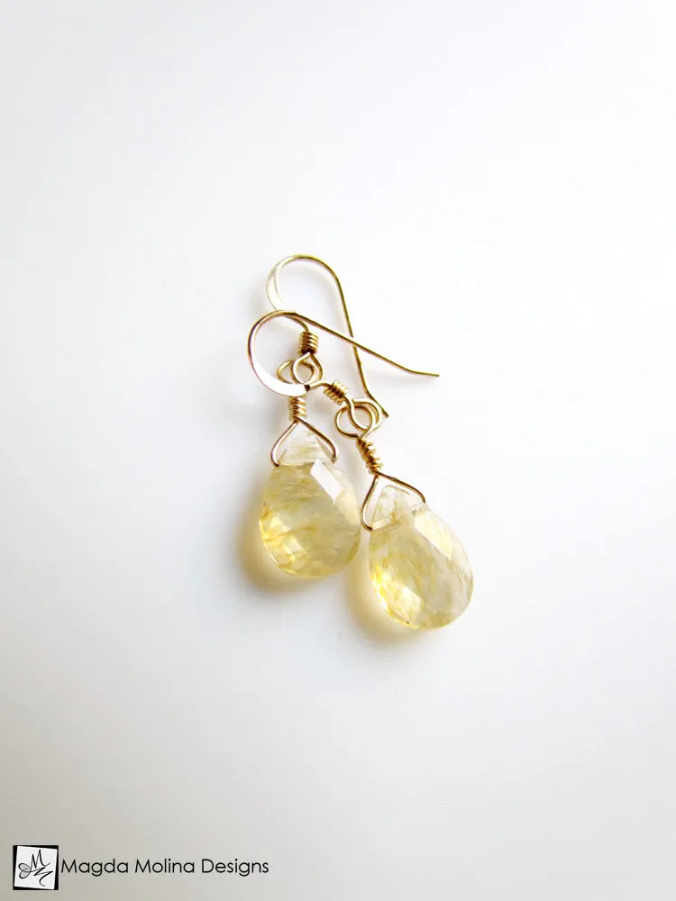 The Delicate Gold & Rutilated Quartz Tear Drop Earrings
