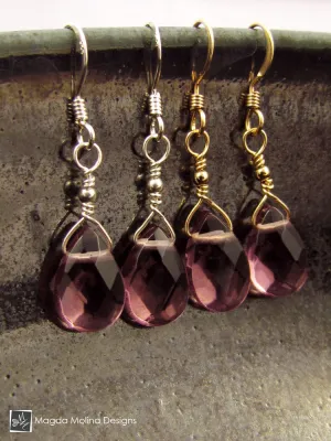 The Gold or Silver And Purple Quartz Mini Pear Shaped Drop Earrings