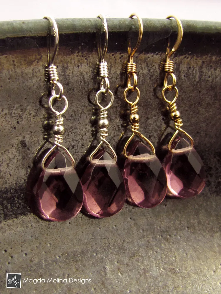 The Gold or Silver And Purple Quartz Mini Pear Shaped Drop Earrings