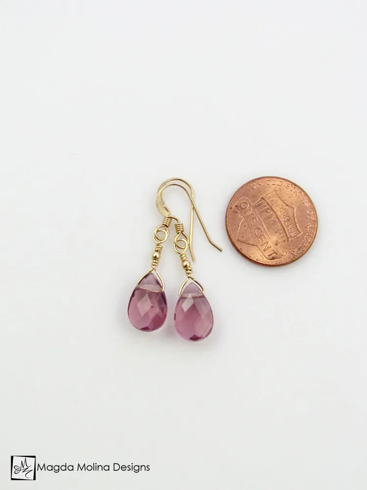 The Gold or Silver And Purple Quartz Mini Pear Shaped Drop Earrings