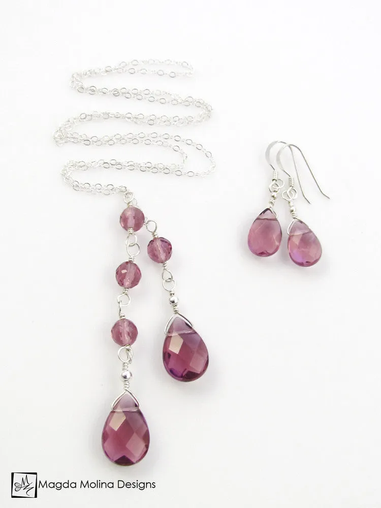 The Gold or Silver And Purple Quartz Mini Pear Shaped Drop Earrings