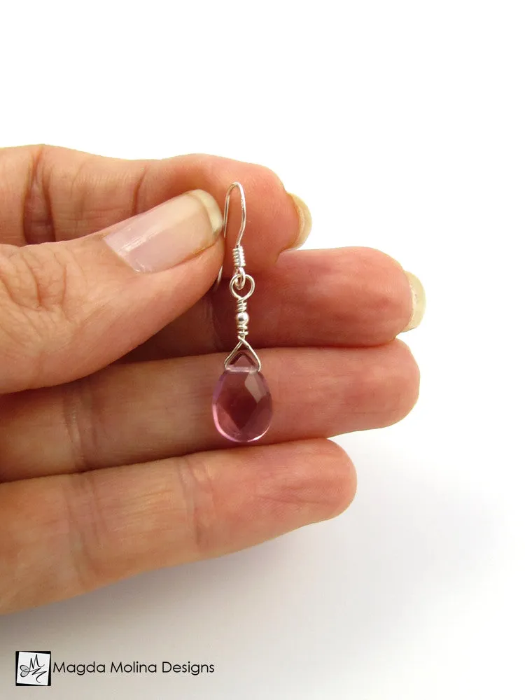 The Gold or Silver And Purple Quartz Mini Pear Shaped Drop Earrings