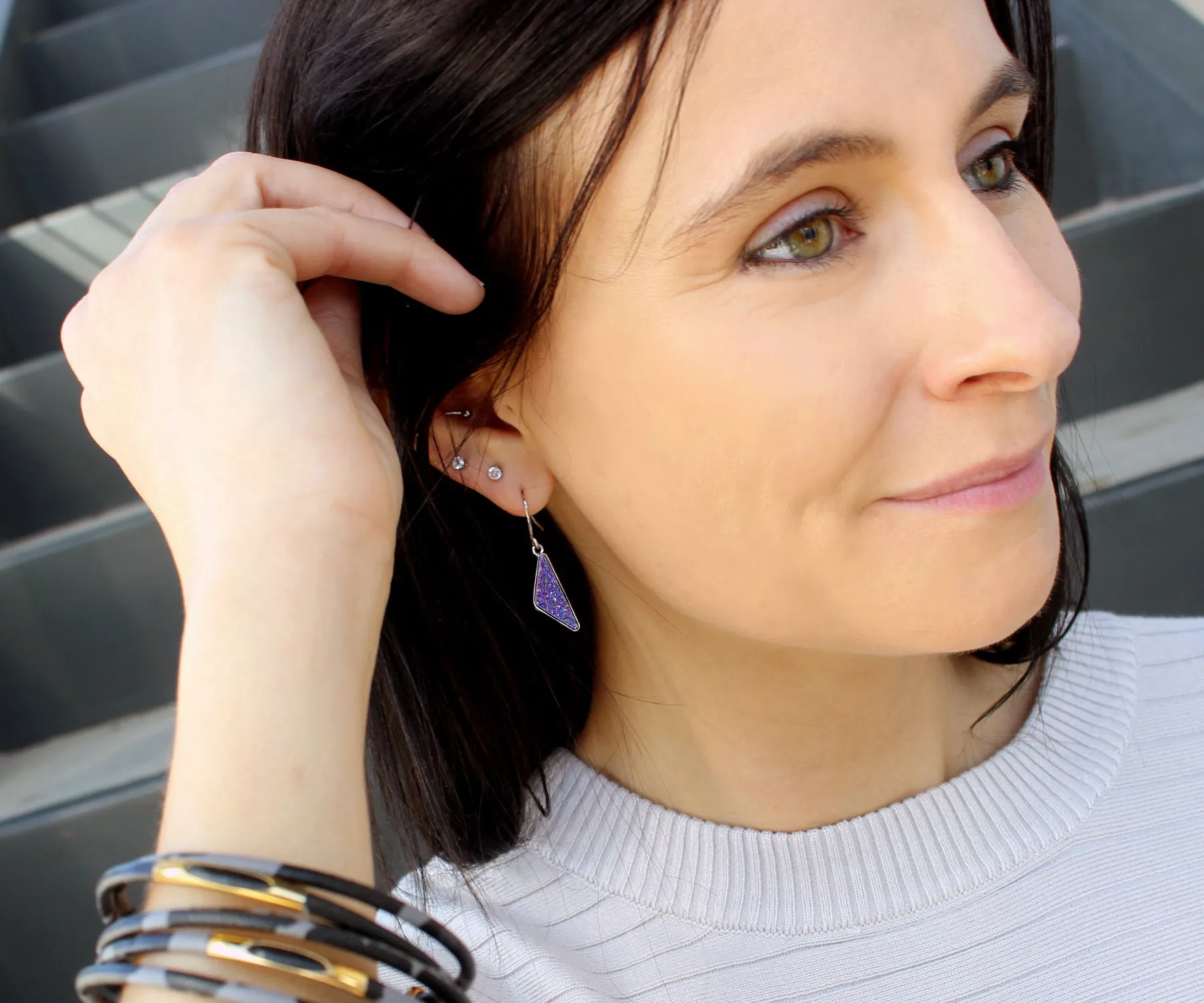 Triangle Purple Rainbow Druzy 14k Vermeil Earrings
