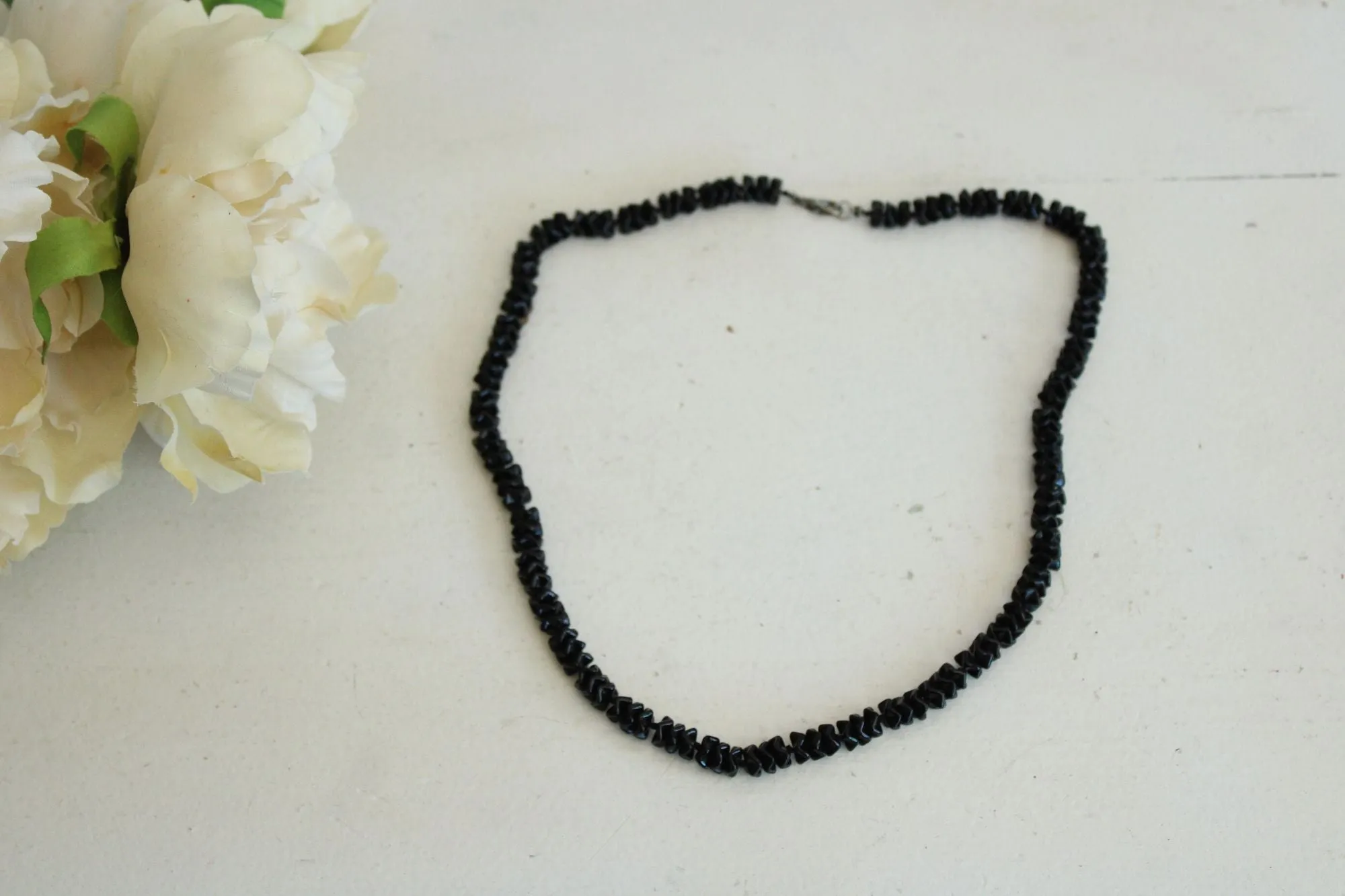 Vintage Black Glass or Stone Bead Necklace