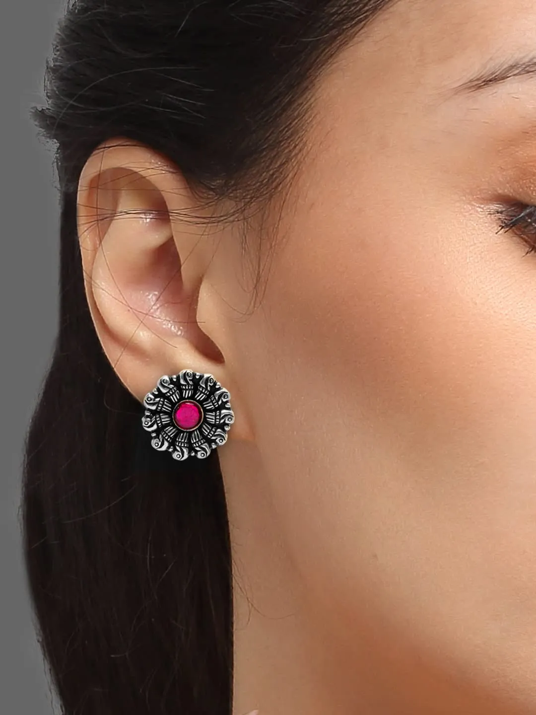 Yellow Chimes Oxidised Stud Earrings For Women Traditional Silver Oxidised Kolhapuri Stud Earrings For Women & Girls
